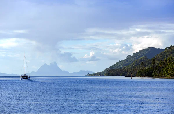 Catamarán Solitario Rumbo Isla Bora Bora Grupo Sotavento Las Islas — Foto de Stock