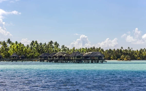 Lujoso Complejo Bungalows Con Techo Paja Sobre Agua Pontón Madera — Foto de Stock