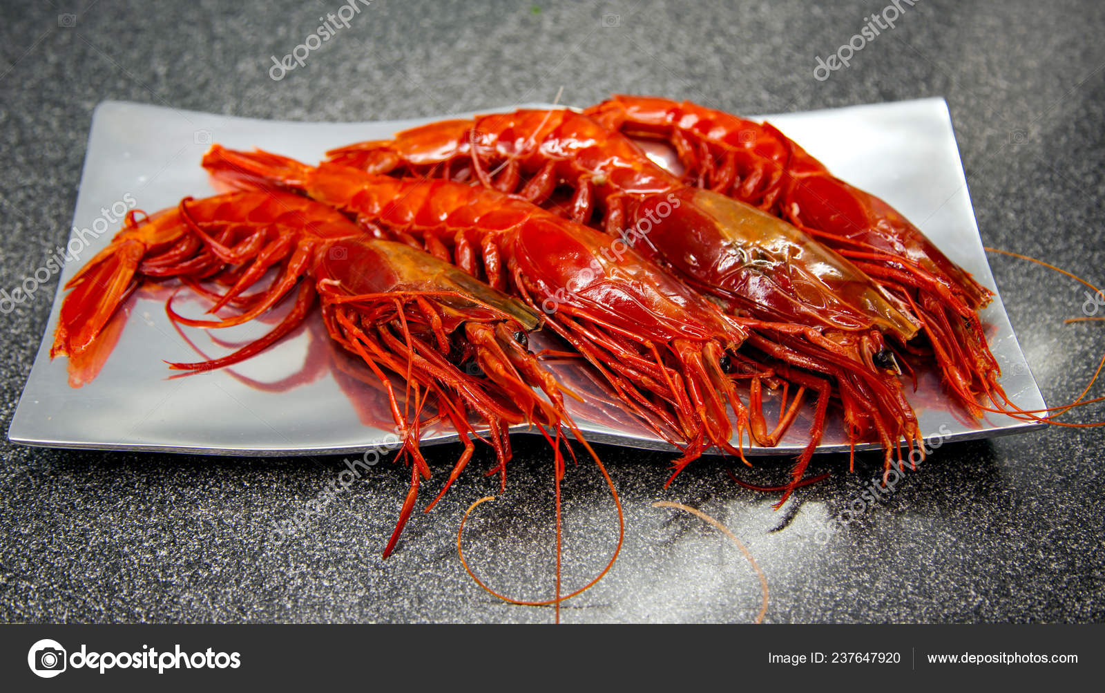 Red Big King Tiger Prawns Silver Plate Cooked Dinner Stock Photo by