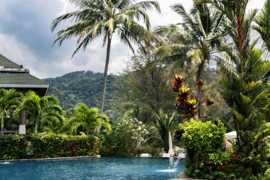 Yüzme Havuzu ve temiz bir otel Koh Chang Adası, Tayland'ın tropikal bitki örtüsü arasında mavi su