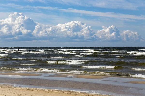 Panoramic Seascape Small Waves Baltic Sea Background Cumulus Clouds Springtime — Stock Photo, Image
