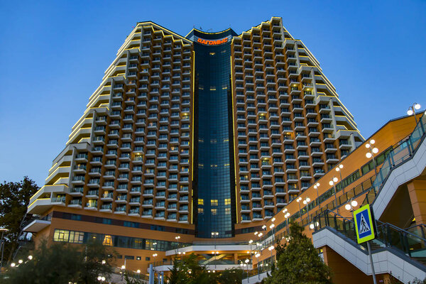 Russia, Sochi, May 25, 2018: 27 floor modern hotel Dagomys effective SPA treatment with evening illumination. After the reconstruction, the hotel became the most attractive place for tourists on the entire coast.