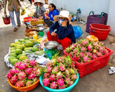 ASIA, VİETNAM, PHAN THIET, Kasım 15, 2014 - Vietnam, Phan Thiet 'te çeşitli tropikal meyvelerle meyve pazarında Vietnamlı kadın