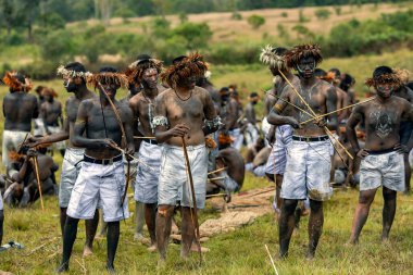 İNDONEYA, PAPUA NEW GUINEA, WAMENA, İRYAN JAYA, 20 AĞUSTOS 2018: Yerel kabilelerin Aborjinleri, Papua Yeni Gine 'nin Wamena kentindeki Baliem Vadisi festivalinde bir araya geldiler..
