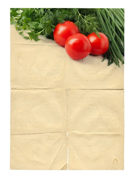 Livro Receitas Branco Velho Com Foto Tomate Especiarias Fundo Isolado — Fotografia de Stock