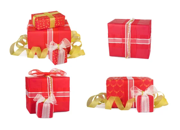 Holiday Set Gift Boxes Decorated Bows Ribbons Isolated White Background — Stock Photo, Image