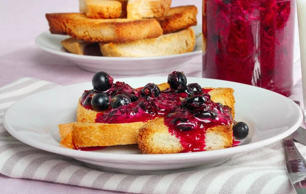 Delicious Toasts Bread Homemade Currant Jam Fork Knife Bright Crimson — Stock Photo, Image