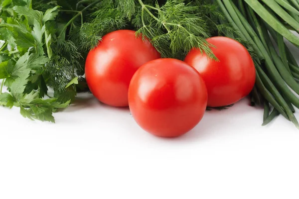 Fresh raw tomatoes, green onions, parsley and dill on white isolated background — Stock Image Fresh Raw Tomatoes Green Onions Parsley Dill White Isolated Background Stock Photo
