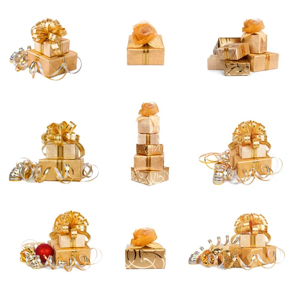 Set Goldener Festlicher Geschenkboxen Mit Schleifen Und Serpentinen Auf Weißem — Stockfoto