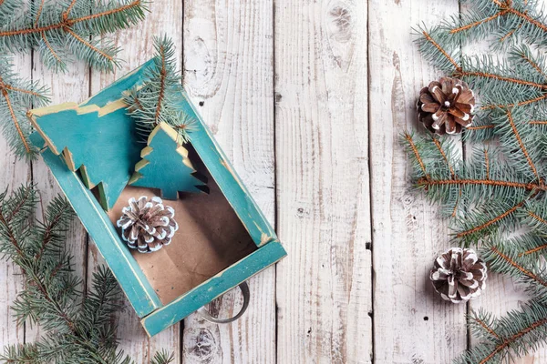 Old Box Vintage Christmas Handmade Toys Withered Wooden Background Top — Stock Photo, Image