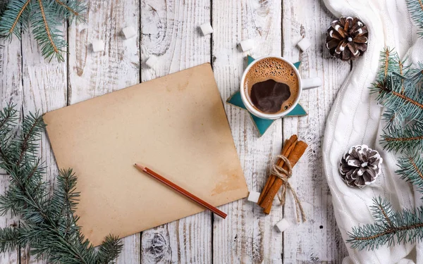 Cup Hot Coffee Sugar Cinnamon Vintage Sheet Paper Old Wooden — Stock Photo, Image