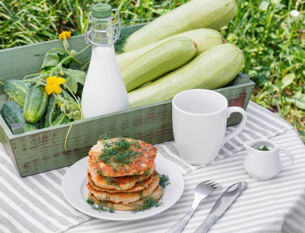 Delicious Pancakes Courgettes Fresh Vegetables Sour Cream Dill Garden Background — Stock Photo, Image