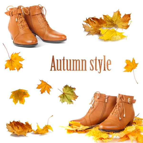 Pair Brown Female Boots Bright Autumn Leaves Isolated White Background — Stock Photo, Image