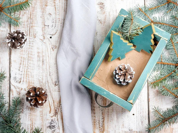 Old Box Vintage Christmas Handmade Toys Withered Wooden Background Photo — Stock Photo, Image