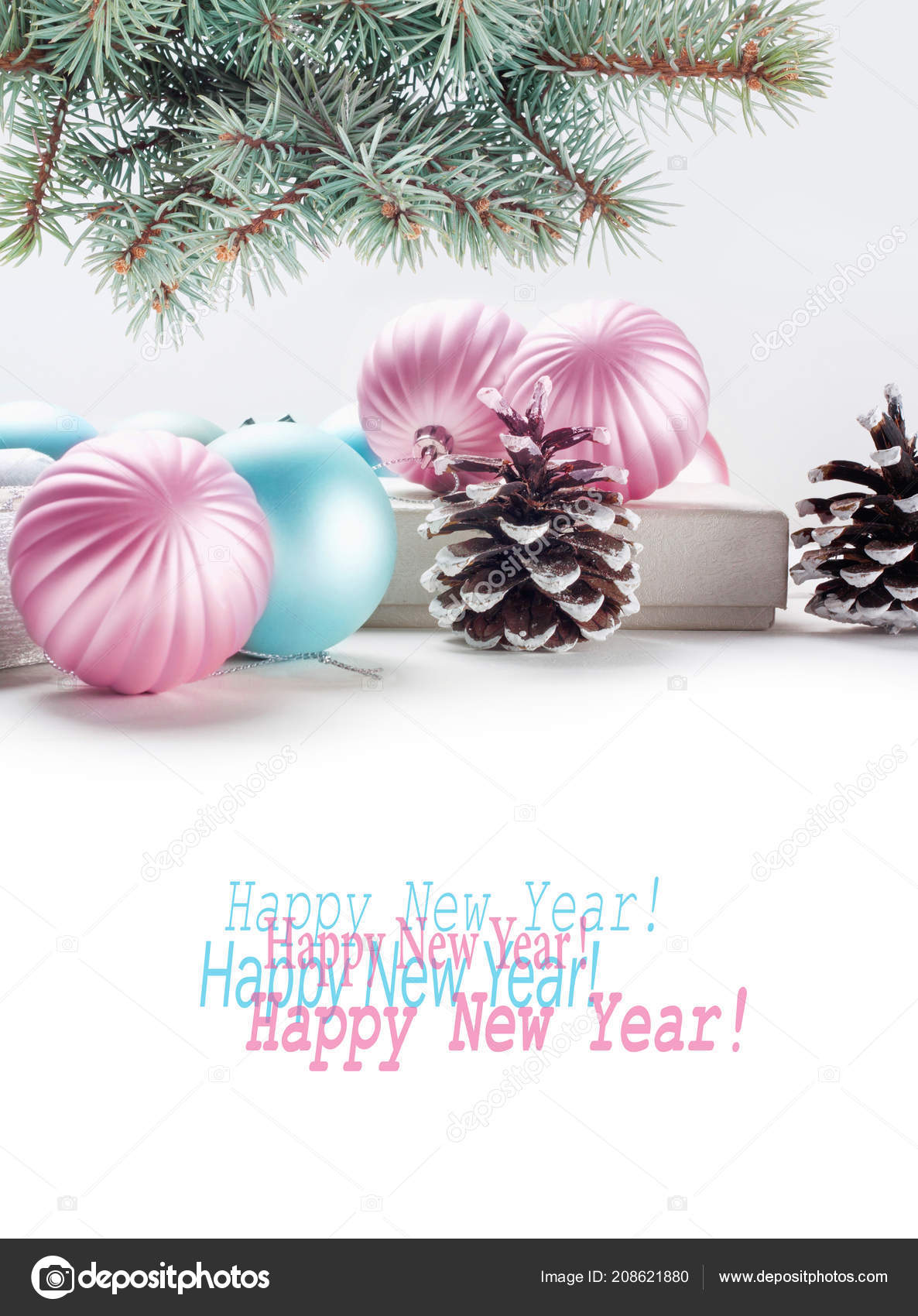 Boules Noël Rose Bleu Coffret Avec Branche épinette Sur Fond