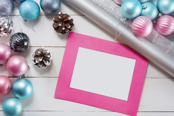 Pink Blue Christmas Balls Wrapping Paper Gifts Old Photo Frame — Stock Photo, Image
