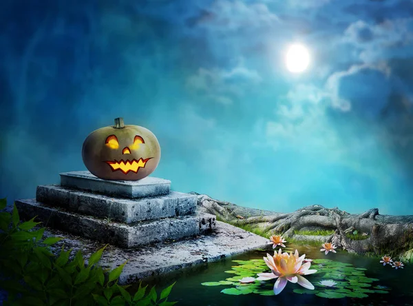 Laughing Pumpkin Halloween Night Tombstone Front Pond Lilies — Stock Photo, Image