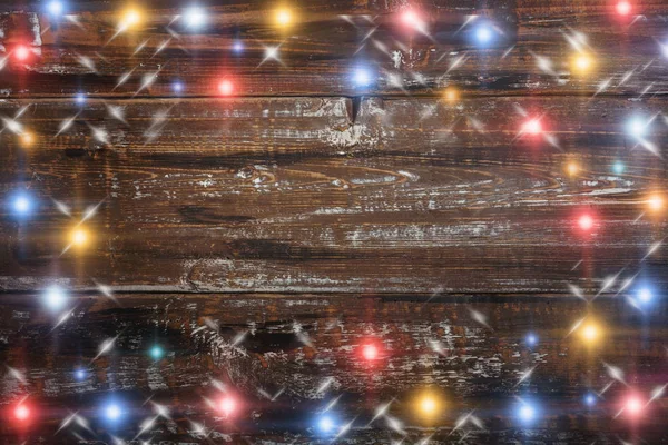 Stare Drewniane Tła Jasnych Świateł Śniegu Dla Kartki Świąteczne — Zdjęcie stockowe
