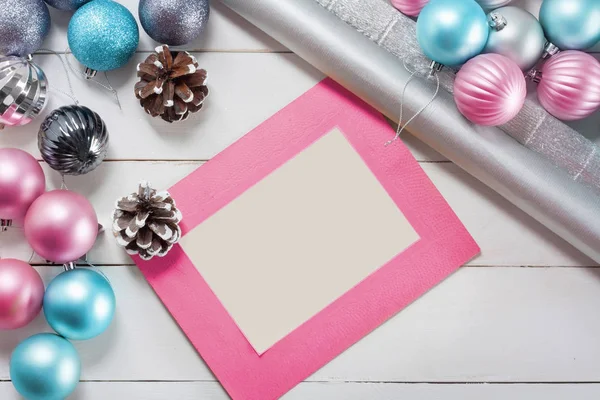 Pink Blue Christmas Balls Wrapping Paper Gifts Old Photo Frame — Stock Photo, Image