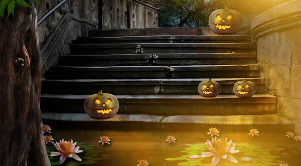 Halloween Pumpkins Yard Old Stone Staircase Night Bright Moonlight — Stock Photo, Image