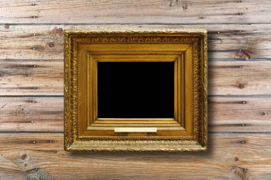 Eski vintage altın süslü çerçeve için grunge ahşap duvar resmi