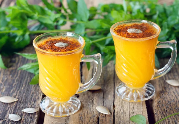 Healthy Pumpkin Fruit Smoothie Seeds Mint Leaves Old Wooden Table — Stock Photo, Image