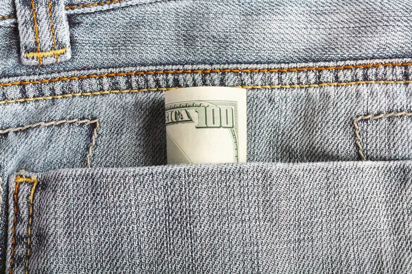 Honderd Dollarbiljetten Steken Achterzak Denim Spijkerbroek — Stockfoto