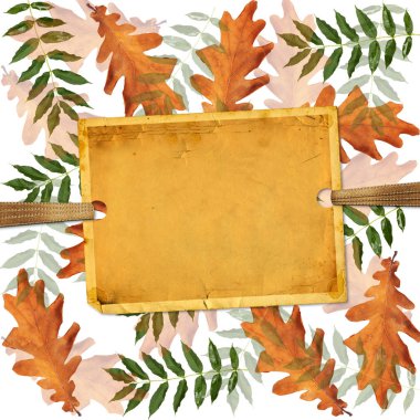 Kaotik sipariş vintage kağıt fotoğraf çerçevesi ile bir arka plan üzerinde renkli sonbahar yaprakları. En iyi görünüm düz Lay Grup nesneleri
