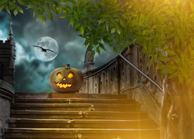 Halloween pumpkins parlak ışığında eski taş merdiven gecenin bahçesinde