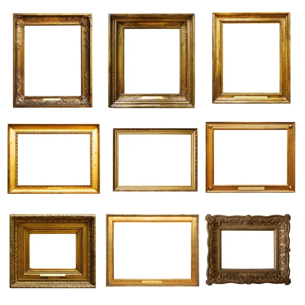 Set Picture Gold Wooden Frame Design White Isolated Background — Stock Photo, Image