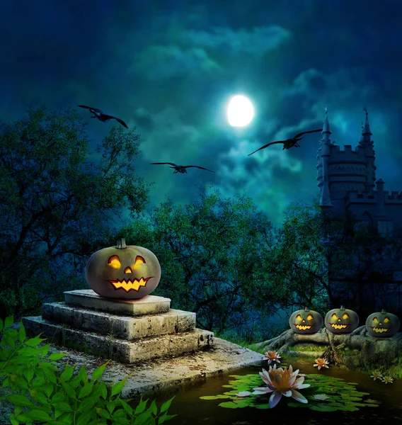 Halloween Pompoenen Werf Van Oude Huis Nacht Heldere Maanlicht — Stockfoto