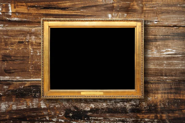 Oude Vintage Gouden Sierlijke Frame Voor Foto Grunge Houten Muur — Stockfoto