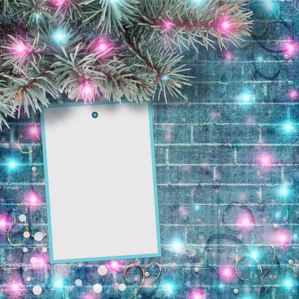 Branch Spruce Bright Garlands Lights Frame Text Photo Beautiful Abstract — Stock Photo, Image