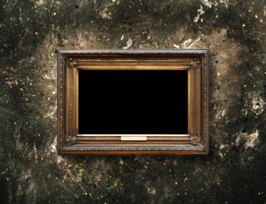 Eski vintage altın süslü çerçeve resim grunge taş duvar için