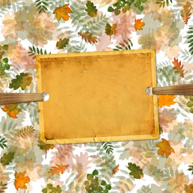 Kaotik sipariş vintage kağıt fotoğraf çerçevesi ile bir arka plan üzerinde renkli sonbahar yaprakları. En iyi görünüm düz Lay Grup nesneleri