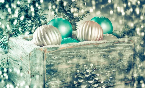 Old Wooden Vintage Box Beautiful Pink Blue Christmas Balls Background — Stock Photo, Image