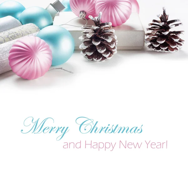 Beautiful Gift Box Blue Pink Christmas Balls White Wooden Background — Stock Photo, Image