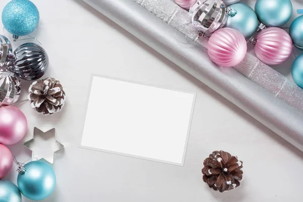 Pink Blue Christmas Balls Wrapping Paper Gifts Old Photo Frame — Stock Photo, Image