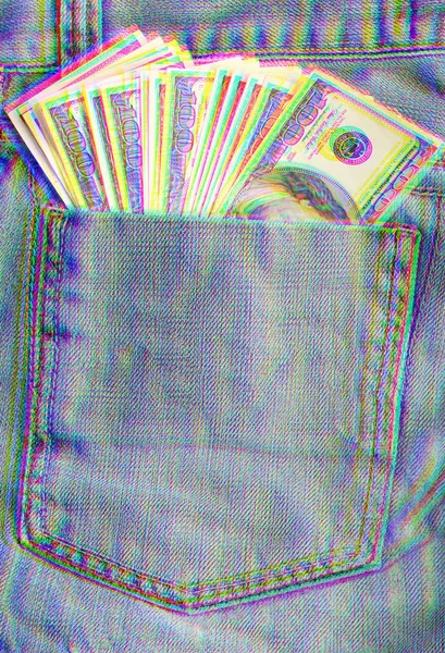 Hundra Dollarsedlar Som Stickning Bakfickan Denim Blå Jeans Med Glitch — Stockfoto