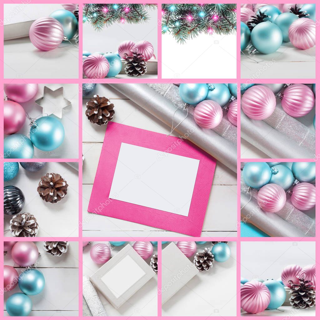 Pink and blue christmas balls and gift box with  spruce branch. Set of New Year greeting cards. Collage