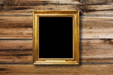 Eski vintage altın süslü çerçeve için grunge ahşap duvar resmi
