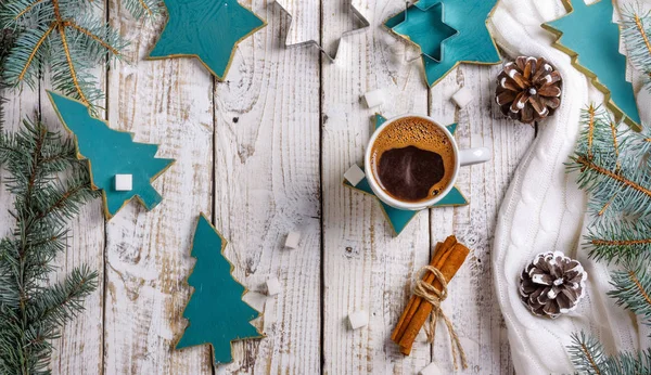 Kopp Hett Kaffe Med Socker Och Kanel Gamla Träbord Med — Stockfoto