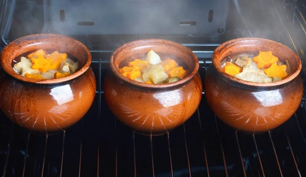 Ragoût Légumes Maison Rustique Traditionnel Dans Trois Casseroles Argile Dans — Photo