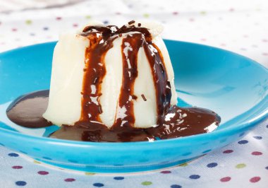 Çikolata sosu ve güzel çok renkli masa örtüsü nane ile krem puding.