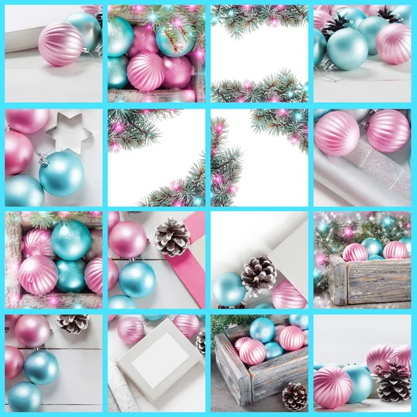 Pink Blue Christmas Balls Gift Box Spruce Branch Set New — Stock Photo, Image