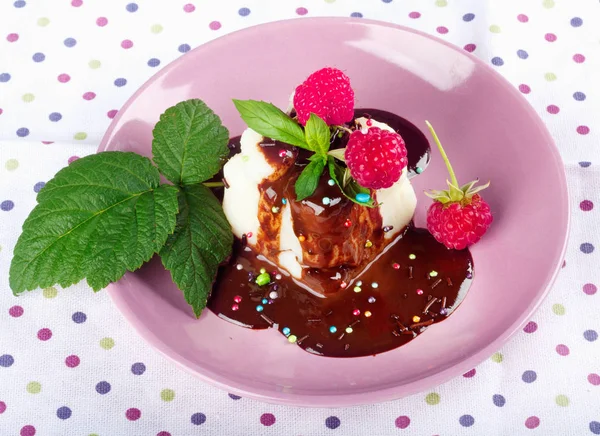 Cream Pudding Chocolate Sauce Raspberry Mint Beautiful Multicolored Tablecloth Top — Stock Photo, Image