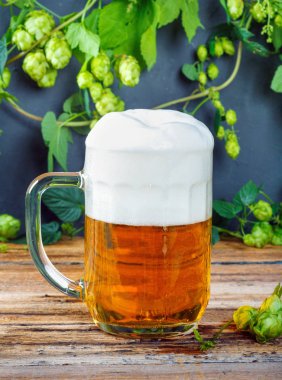 Ahşap masa ve karanlık duvara olgun atlama dallarında soğuk taze altın bira cam kupa