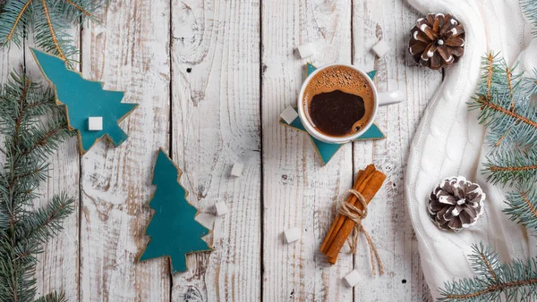 Kopp Hett Kaffe Med Socker Och Kanel Gamla Träbord Med — Stockfoto