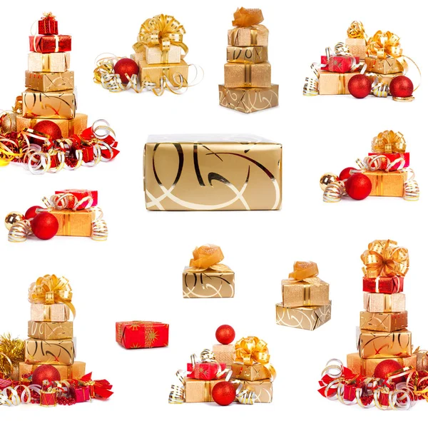 Set Goldener Festlicher Geschenkboxen Mit Weihnachtskugeln Auf Weißem Hintergrund — Stockfoto