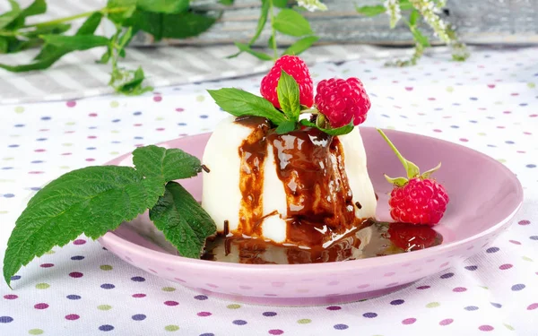 Cream Pudding Chocolate Sauce Raspberry Mint Beautiful Multicolored Tablecloth — Stock Photo, Image